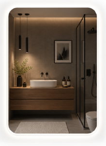 Lustro łazienkowe 60x80 cm Vetro prostokątne z oświetleniem LED RC zaokrąglone rogi BD art   IP 44